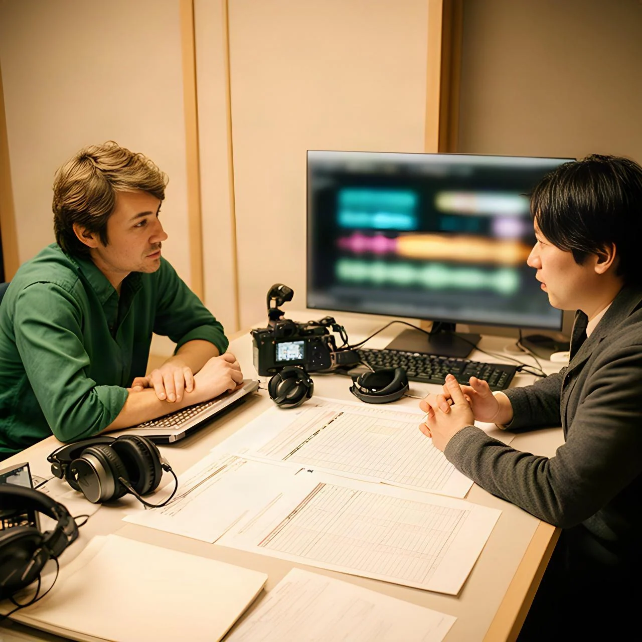 厚木のスタジオでスタッフが撮影素材と音声の進行表を確認している制作風景