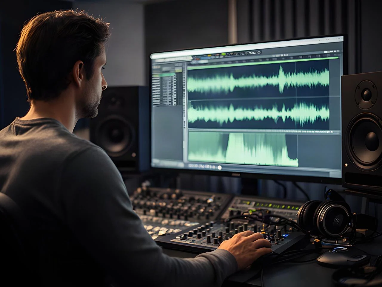 音声波形とラウドネスメーターを表示したモニターを見ながら、エンジニアが再生音を確認する場面