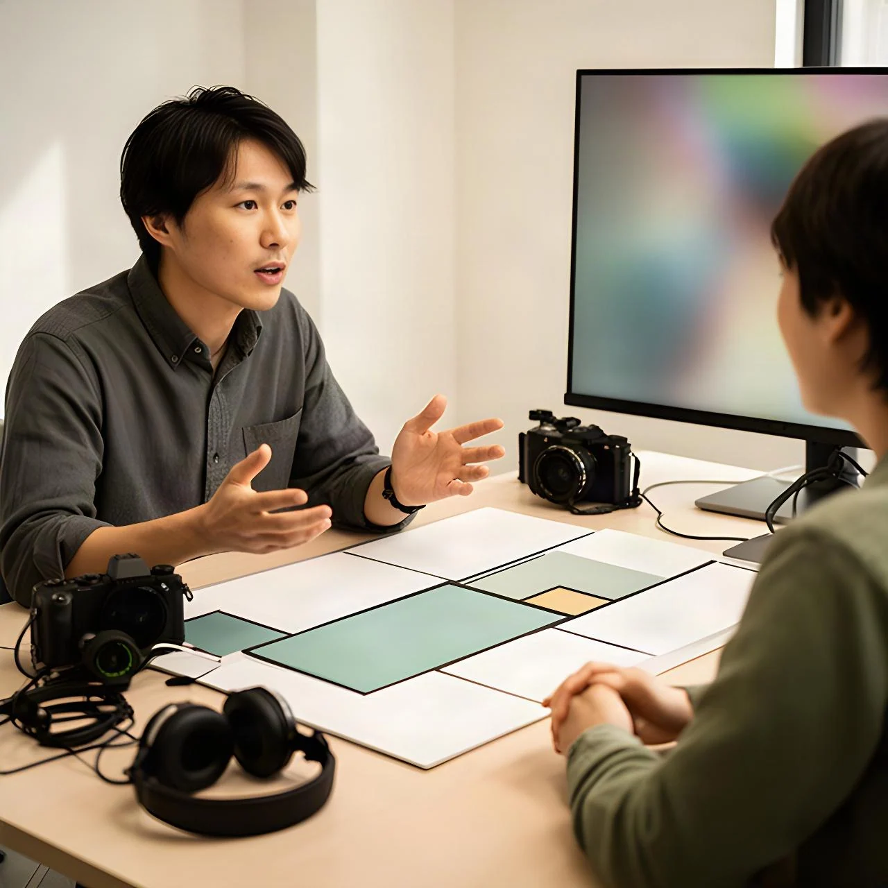 制作担当者が相談者と机を囲み、映像の構成案を見ながら質問に答える打ち合わせ風景