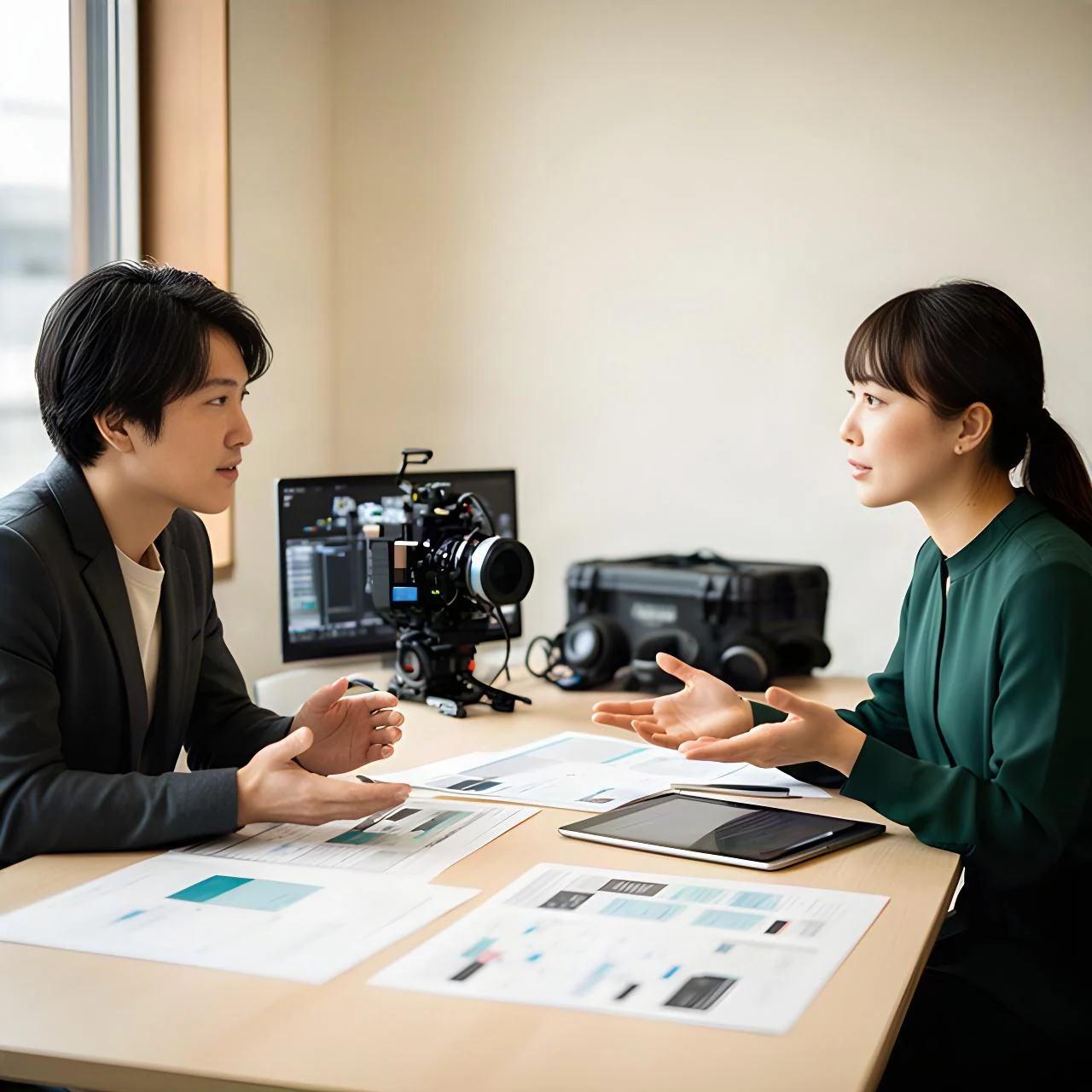 映像制作の打ち合わせで担当者が撮影場所や希望納期を確認している様子