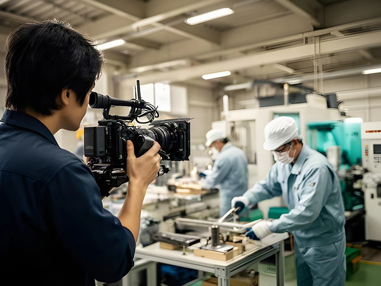 神奈川県の製造現場で、撮影スタッフがカメラ越しに作業風景を確認している様子