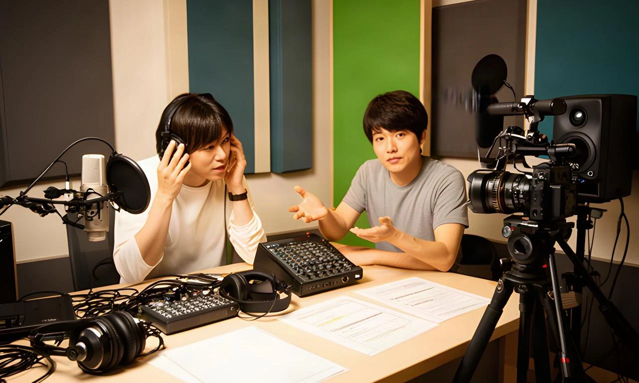 厚木の制作スタジオでスタッフが音声機材と撮影プランを確認している様子