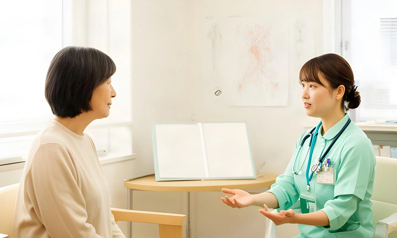 明るい診療室でスタッフが患者に治療の流れを説明している様子