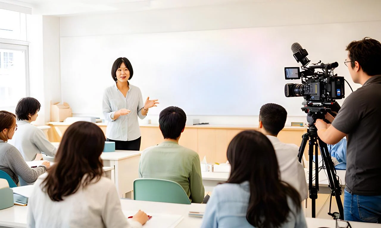 学校の明るい教室で講師が授業内容を説明し、撮影スタッフが記録している様子