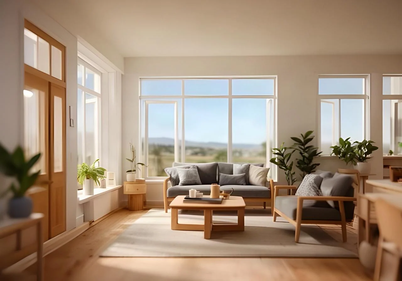木の家具と大きな窓があるモデルハウスのリビングを、自然光の中で撮影した室内風景
