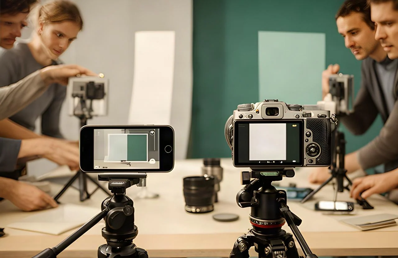 スマートフォンと横型カメラを並べてSNS撮影の画角を確認する制作現場
