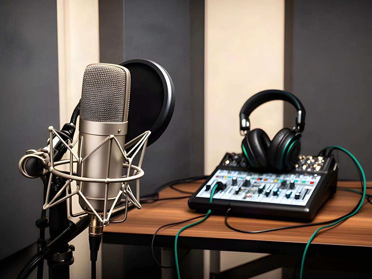 録音ブースのマイク、ヘッドホン、卓上ミキサーを整えた音楽収録用の機材