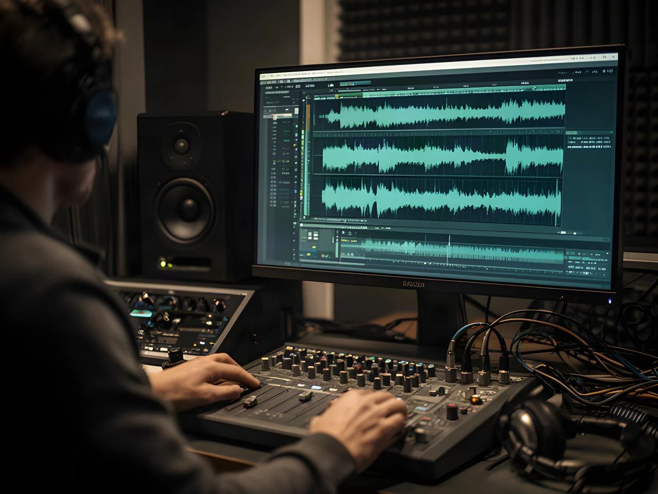 音声編集卓の画面を確認しながら、録音素材の音量と波形を調整するスタジオ作業