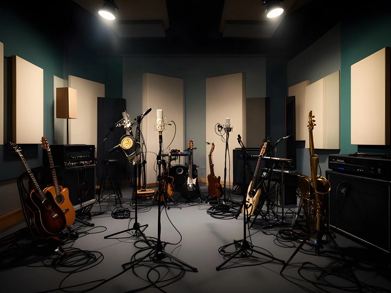 音楽収録に向けて楽器とマイクを配置したスタジオ内の演奏スペース
