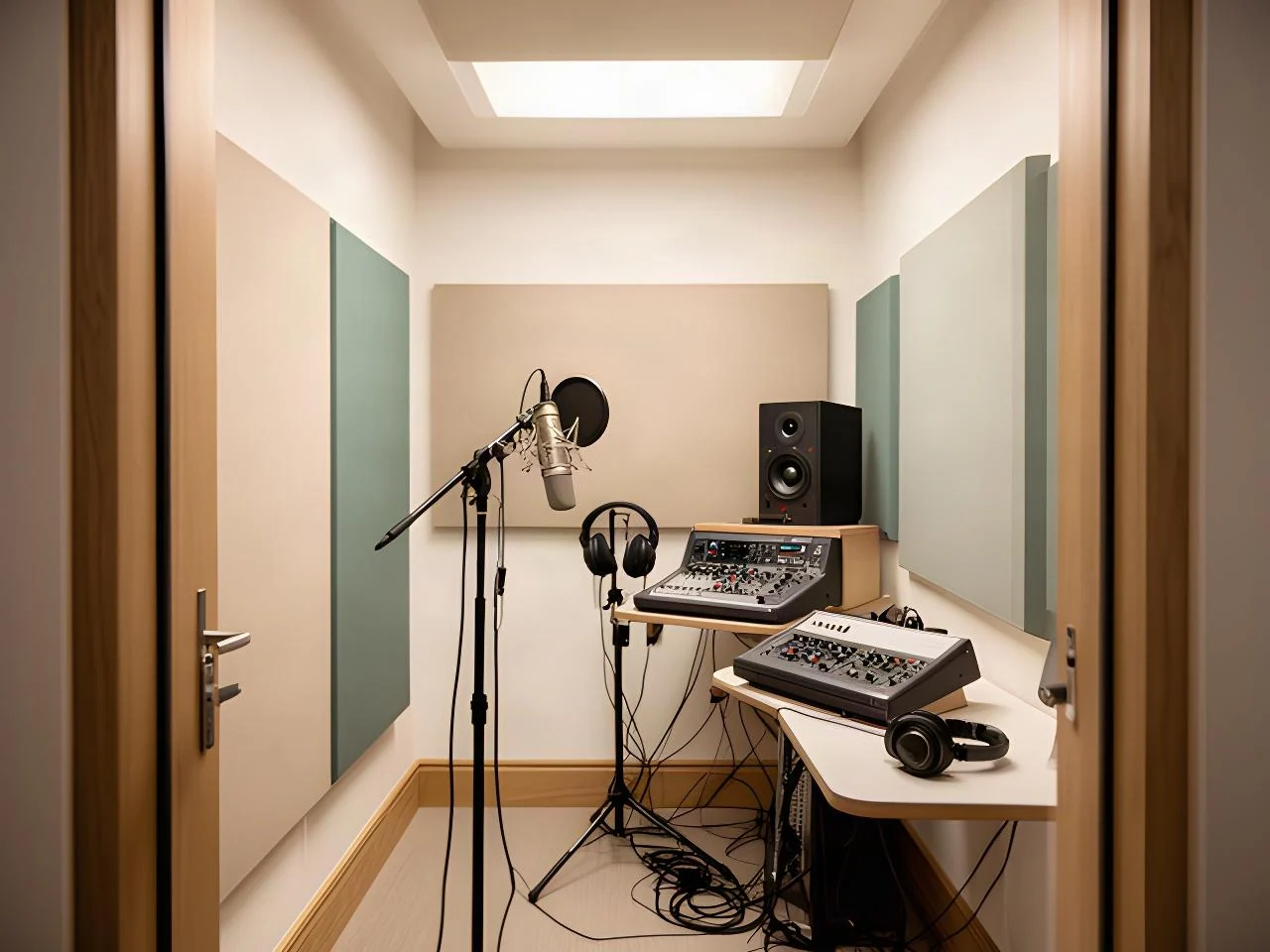 吸音パネルと録音機材を備えたスタジオの録音ブースを、入口側から見た様子