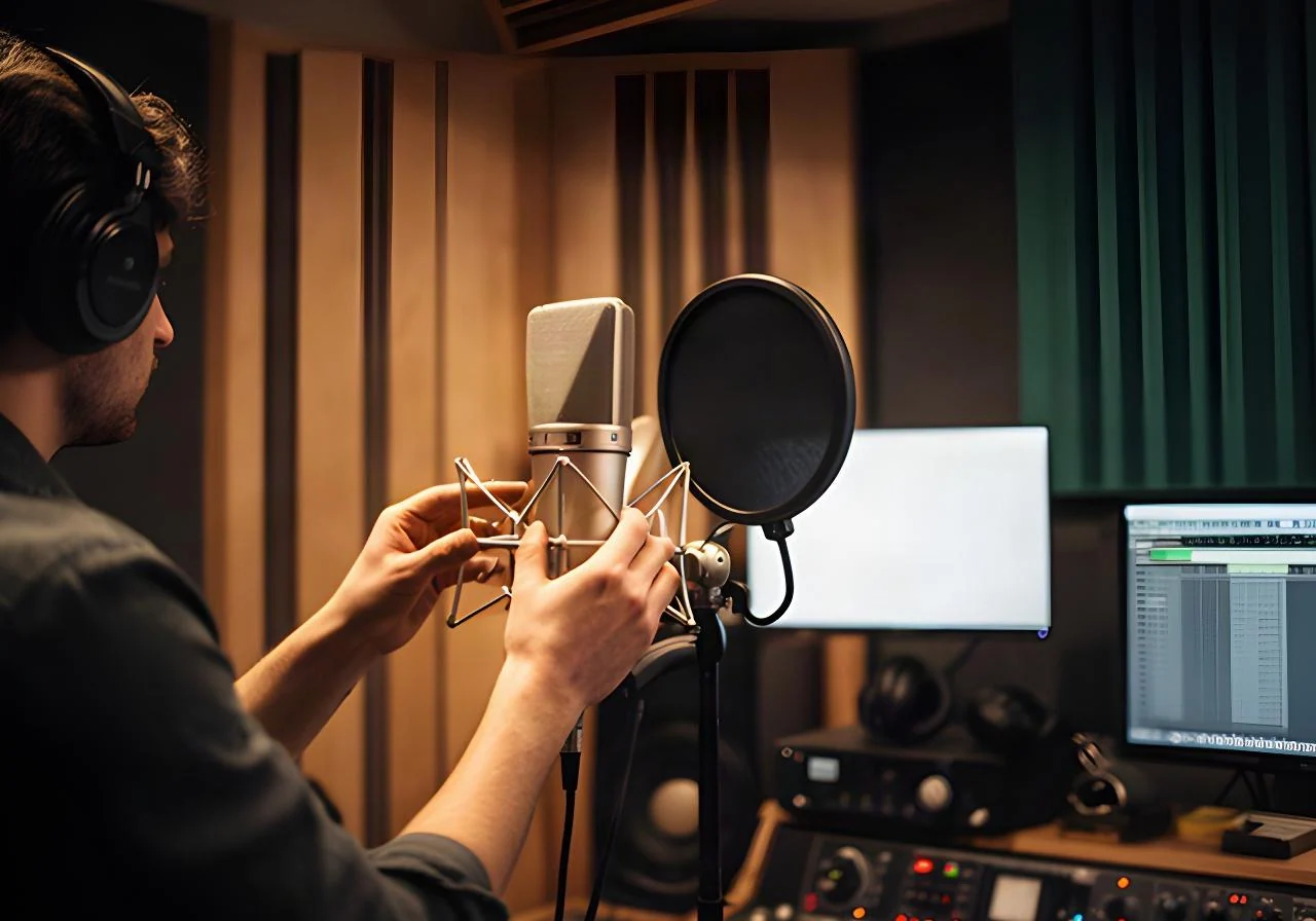 音声収録ブースでマイクを調整し、録音レベルを確認するエンジニア